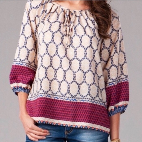 Jemma | Multi-Pattern Printed Peasant Top - Picture 2 of 9